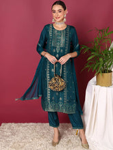 Women Teal Silk Blend Woven Design Straight Kurta Pant Set With Dupatta
